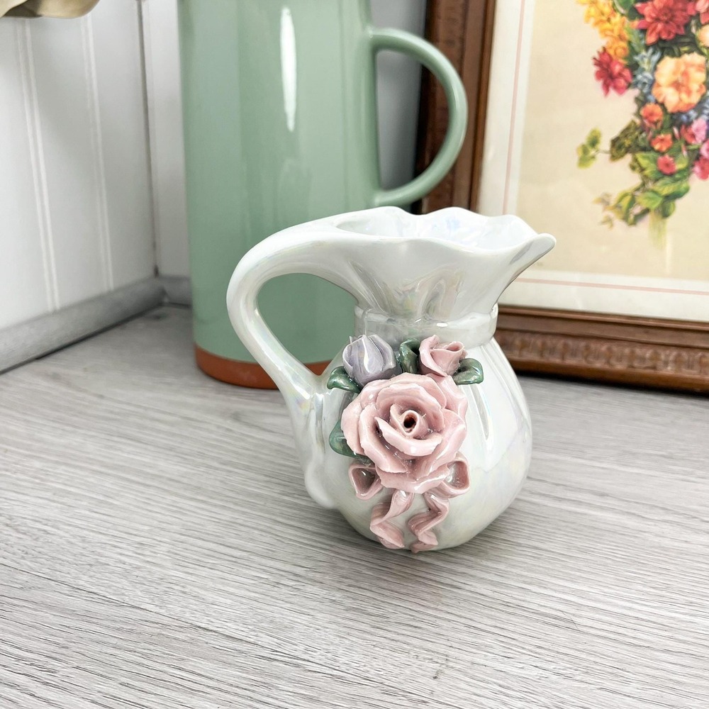 Vintage Iridescent Ceramic Rose Pitcher: 3D Floral Vase